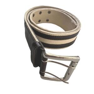 Michael Kors Canvas and Leather Striped Belt with Silver Buckle - Size 38 EUC
